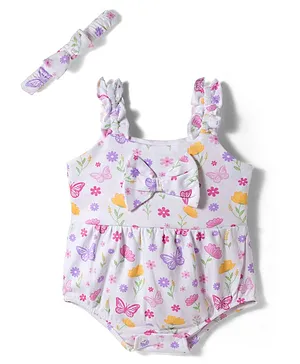 Babyhug 100% Cotton Knit Sleeveless
                              Floral Printed Onesie with Headband &
                              Bow Applique- White