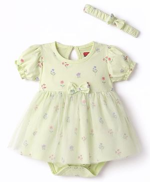 Babyhug 100% Cotton Knit Half Puffed Sleeves Floral Printed Frock Style Onesie with Headband & Bow Applique - Lime Green