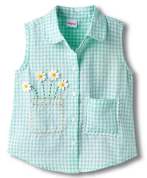 Babyhug
                              Cotton Seer Sucker Woven Sleeveless
                              Checkered Top with Crochet Flowers - Light
                              Blue & White