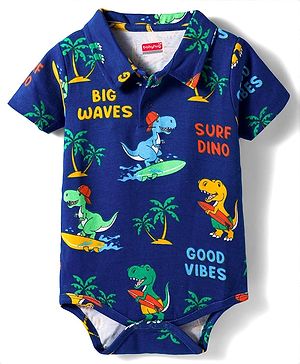Babyhug 100% Cotton Knit Half Sleeves Dino Printed Onesie - Navy Blue