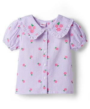 Babyhug Seer-Sucker Woven Half Sleeves Striped Top With Floral Print - Multicolor