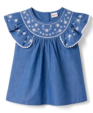 Babyhug 100% Cotton Chambray Woven Floral
                      Embroidered Top - Blue