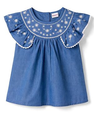 Babyhug 100% Cotton Chambray Woven Floral Embroidered Top - Blue