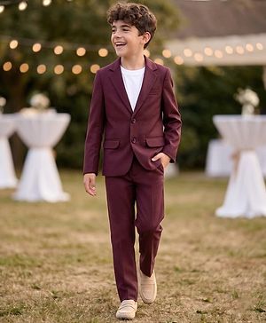 Pine Kids Knit Full Sleeves Solid Colour Party Blazer with T-Shirt & Trouser Set - Wine