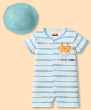 Babyhug 100% Cotton Knit Half Sleeves Striped Romper with Giraffe Print & Cap - Multicolor
