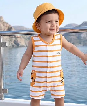 Babyhug 100% Cotton Interlock Knit
                              Sleeveless Striped Romper & Cap With
                              Lion Print - Multicolor