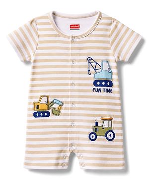 Babyhug 100% Cotton Knit Half Sleeves Striped & Vehicles Embroidered Romper - Multicolor