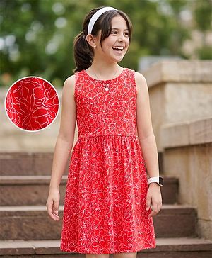 Pine Kids Cotton Knit Sleeveless Frock with Floral Print - Red