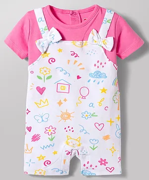 Babyhug 100% Cotton Knit Half Sleeves
                              Dungaree Style Romper with Tropical Theme
                              Print & Bow Applique - Multicolor