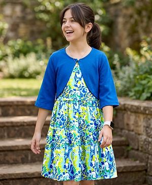 Pine Kids Cotton Knit Floral Printed Frock with Half Sleeves Jacket - Multicolor