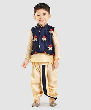 Little Aryan Full Sleeves Kurta And Dhoti With Jacket Elephant Embroidery - Navy Blue Golden