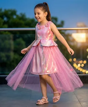 Hola Bonita Knit Sleeveless Shimmered
                              Party Dress With Layered Skirt &
                              Floral Applique - Pink