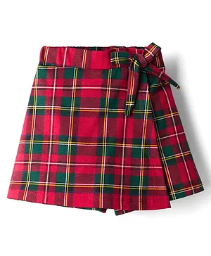 CrayonFlakes Cotton Knit Plaid
                              Checked & Bow Applique Skort - Red