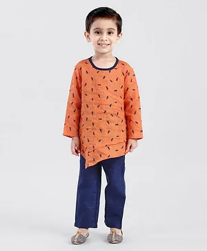 Little Aryan Full Sleeves Kurta & Pyjama Set Car Print - Orange Blue