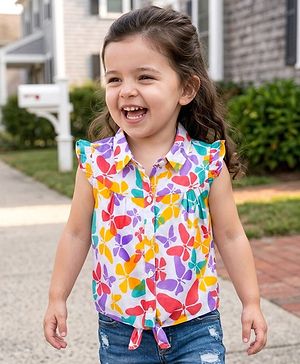 Babyhug Rayon Woven Half Frill Sleeves Butterfly Printed Top - Multicolour