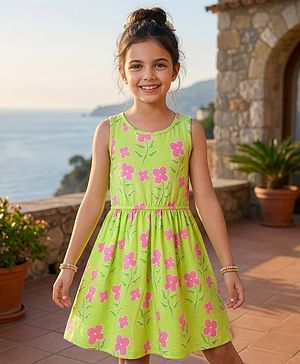 Pine Kids Cotton Knit Sleeveless Frock with Floral Print - Light Green