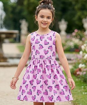 Pine Kids Cotton Knit Sleeveless Frock with Floral Print - Plum