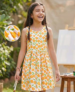 Pine Kids Cotton Knit Sleeveless Fit & Flared Frock with Floral Print- White & Orange
