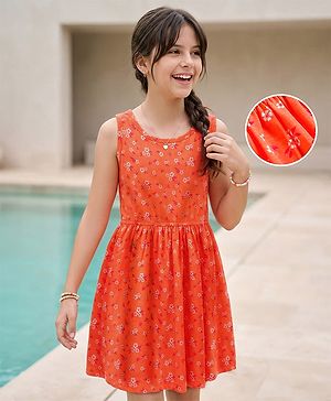 Pine Kids Cotton Knit Sleeveless Fit & Flared Frock with Floral Print- Orange