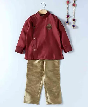 Little Aryan Full Sleeves Kurta Pyjama Set Designer Patch - Maroon Golden