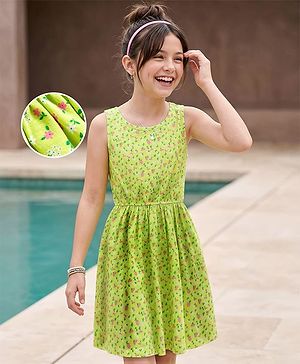 Pine Kids Cotton Knit Sleeveless Fit & Flared Frock with Floral Print- Light Green
