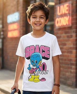 Pine Kids Cotton Knit Half Sleeves T-Shirt with Space Theme Print - White