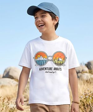 Pine Kids 100% Cotton Knit Half Sleeves Mountains Printed T-Shirt - White