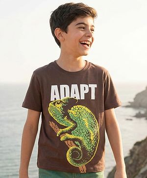 Pine Kids Cotton Knit Half Sleeves T-Shirt With Chameleon Print - Brown