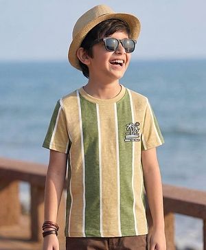 Pine Kids Cotton Knit Half Sleeves Striped T-Shirt With Tree Print - Multicolor