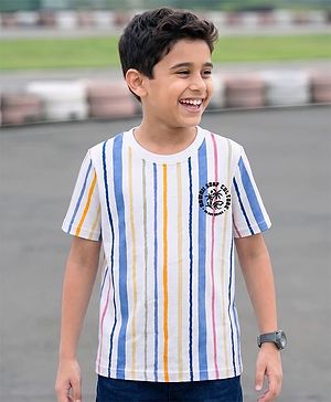 Pine Kids Cotton Knit T-Shirt Striped Round Neck Half Sleeves White 4-5 Years