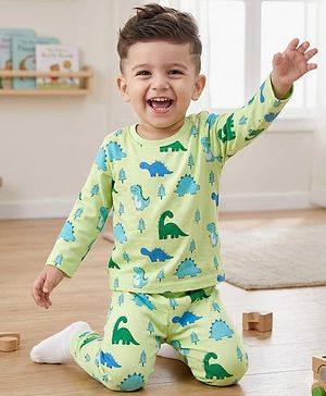 Babyhug Cotton Knit Full Sleeves Dino Printed Co-Ords T-Shirt & Pyjama Night Suit Set - Light Green