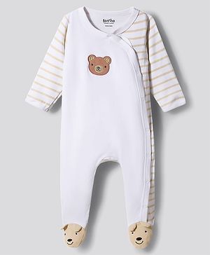Bonfino 100% Cotton Knit Full Sleeves Footed Sleepsuit With Teddy Embroidery & Applique - Offwhite