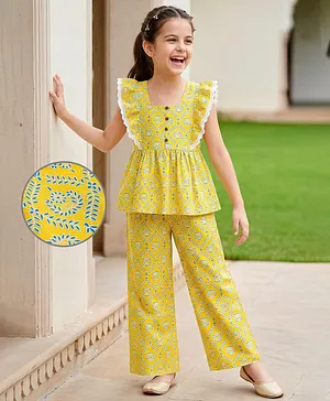EARTHY TOUCH Cotton Knit Frill
                              Sleeves Floral Printed Co-Ords Indo
                              Western Set - Yellow