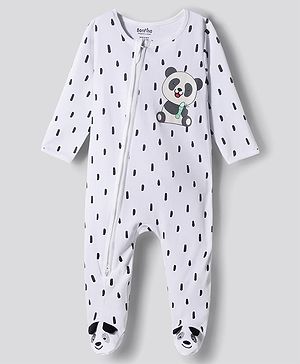 Bonfino 100% Cotton Full Sleeves  Footed Sleepsuit With Panda Print & Applique - White