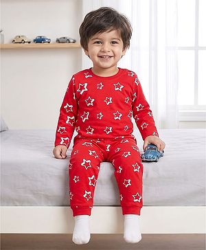 Babyhug Cotton Knit Full Sleeves Star Printed T-Shirt & Pyjama Co-Ord Night Suit Set- Red