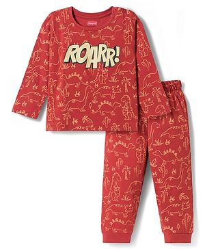Babyhug Cotton Knit Full Sleeves Dino Printed T-Shirt & Pyjama Co-Ord Night Suit Set- Brown