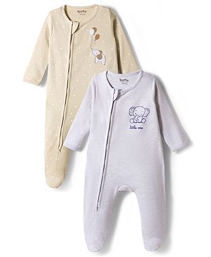 Bonfino Cotton Knit Full Sleeves Footed Sleep Suit With Elephant Print Pack of 2 - Grey & Beige