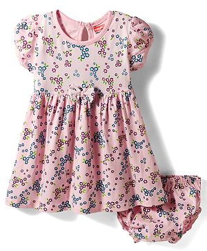 Babyhug Single Jersey Knit Half Sleeves Frock With Floral Print & Bloomer - Pink