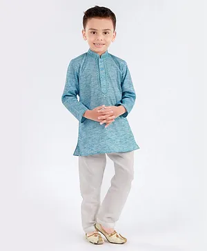 Little Aryan Full Sleeves Embroidered Kurta Pyjama Set - Blue White