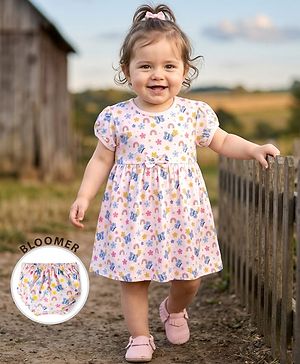 Babyhug Single Jersey Knit Half Sleeves Printed Frock With Bloomer - Pink