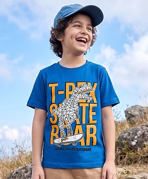 Pine Kids Cotton Knit Half Sleeves T-Shirt With Dino Print - Blue