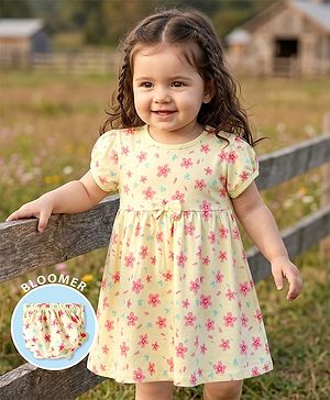 Babyhug Single Jersey Knit Half Sleeves Floral Printed Frock With Bloomer & Bow Applique - Yellow