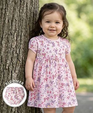 Babyhug 100% Cotton Knit Half Sleeves Floral Printed Frock With Bloomer - Pink
