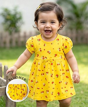Babyhug Single Jersey Knit Half Sleeves Floral Printed Frock with Bloomer & Bow Applique - Yellow