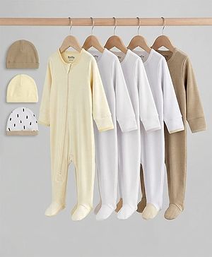 Bonfino 100% Cotton Knit Full Sleeves Solid Sleepsuits Pack Of 5 & Caps Pack Of 3 - Multicolor