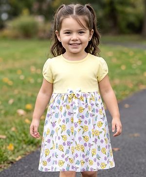Babyhug Single Jersey Knit Half Sleeves Floral Printed Frock with Bow Applique - Yellow
