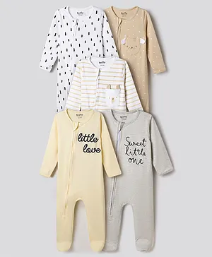 Bonfino 100% Cotton Knit Full Sleeves
                              Star & Text Printed Sleepsuits With
                              Patch Pack Of 5 - Multicolor