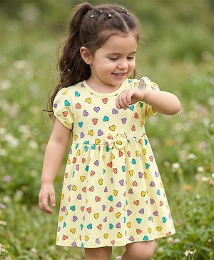 Babyhug 100% Cotton Knit Half Sleeves Hearts Printed Frock With Bow Applique - Yellow