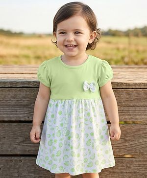 Babyhug Single Jersey Knit Half Sleeves Tropical Theme Printed Frock with Bow Applique - Green