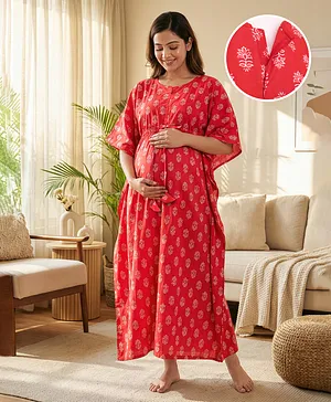 Bella Mama Cotton Woven Half Sleeves
                              Maternity Nursing Kaftan with Floral Print
                              - Red